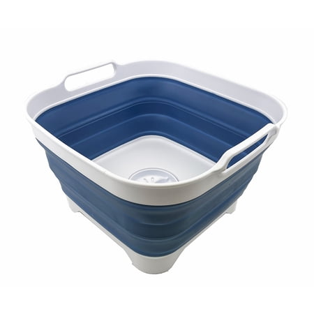 SAMMART 10L (2.64 Gallon) Collapsible Dishpan with Draining Plug - Foldable Washing Basin - Portable Dish Washing Tub - Space Saving Kitchen Storage Tray