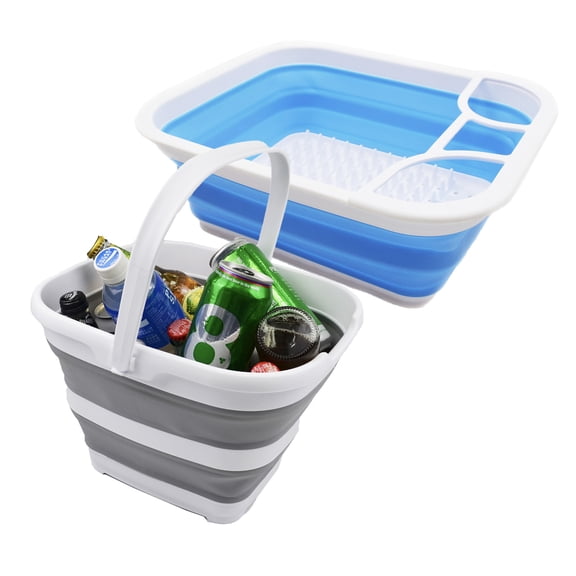 SAMMART 10L (2.64Gallon) Collapsible Bucket & Collapsible Dish Drainer with Drainer Board (Marine Blue+Grey
