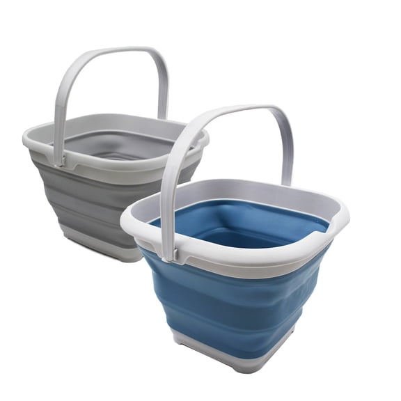 SAMMART 2-pcs Bucket Set 10L (2.6 gallons) + 8.5L (2.2 gallons) Collapsible Rectangular Handy Basket/Bucket (Grey(10L) + Steel Blue