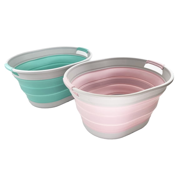 SAMMART 23L (6 Gallons) Set of 2 Collapsible Plastic Laundry Basket - Oval Tub - Foldable Storage Container/Organizer - Portable Washing Tub - Space Saving Laundry Hamper