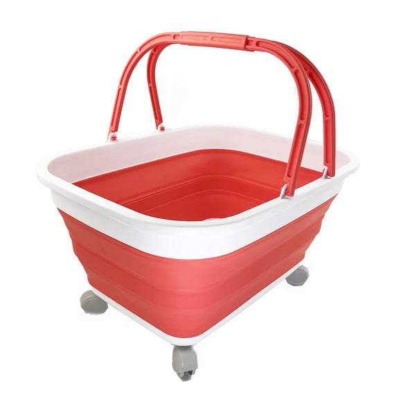 SAMMART 26L (6.8 Gallons) Collapsible Plastic Laundry Basket with Handle & Wheels-Foldable Pop Up Storage Container/Basket with handle and wheels-Portable Washing Tub