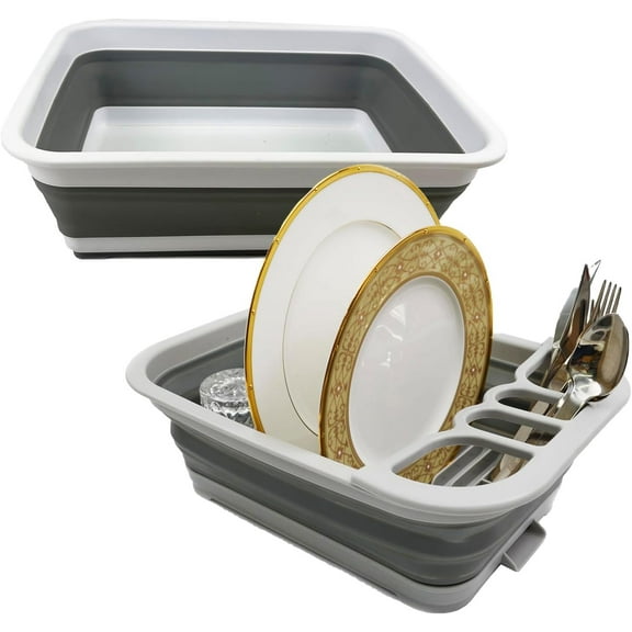 SAMMART 2pcs Kitchen & Outdoor Set : Collapsible Dish Drainer with Drainer Board & Collapsible Plastic Tub (2, Grey)