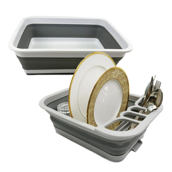 SAMMART 2pcs Kitchen & Outdoor Set : Collapsible Dish Drainer with Drainer Board & Collapsible Plastic Tub