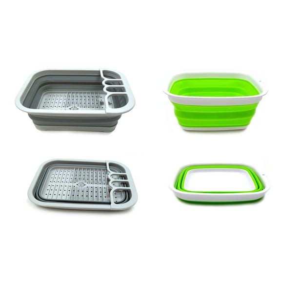 SAMMART 2pcs Kitchen Set : Collapsible Dish Drainer with Drainer Board & 7.7L (2.03 Gallon) Collapsible Tub - Foldable Dish Tub - Portable Washing Basin - Space Saving Plastic Washtub