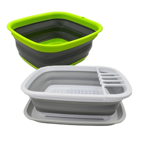 SAMMART 2pcs Set of 7.7L (2 Gallons) Collapsible Plastic Tub & 8L (2.11Gallons) Collapsible Dish Drainer with Drainer Board-Foldable Drying Rack Set-Portable Organizer
