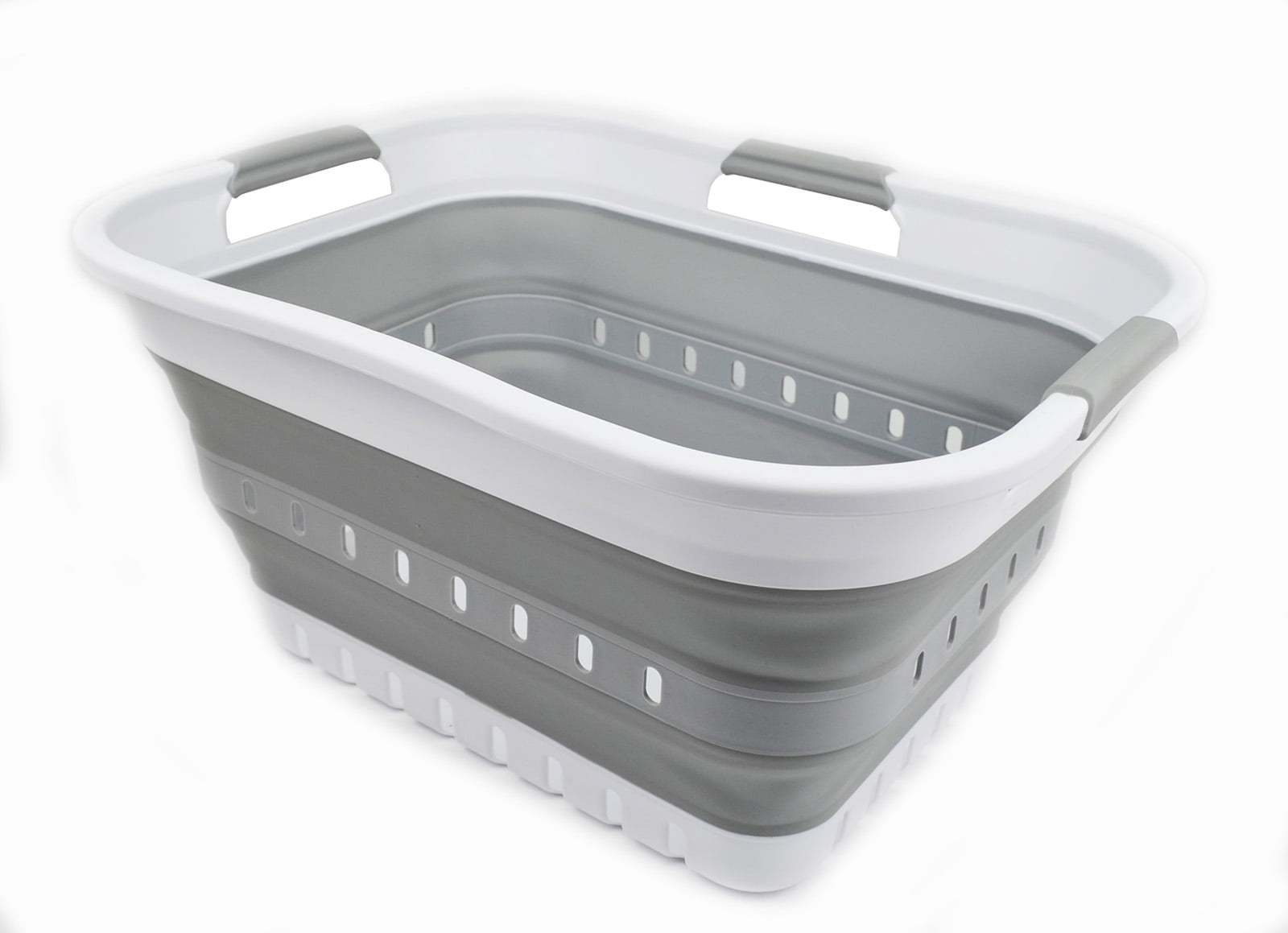 SAMMART 30L (8 gallon) Collapsible 3 Handled Plastic Laundry Basket - Foldable Pop Up Storage Container/Organizer - Portable Washing Tub - Space Saving Hamper/Basket (White/Grey)