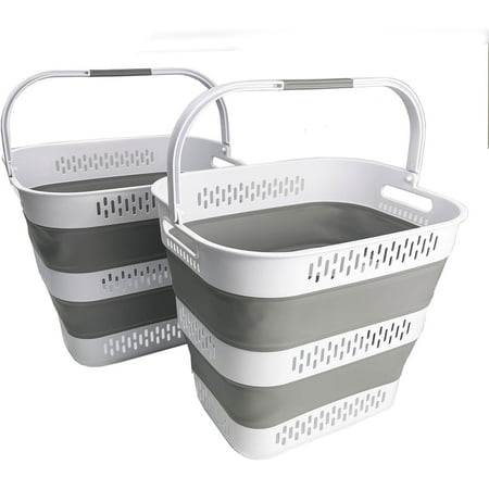 SAMMART 40L (10.5 Gallon) Collapsible Plastic Laundry Basket with Handles - Foldable Pop Up Storage Container/Organizer - Portable Laundry Hamper - Space Saving (2, White/Grey)