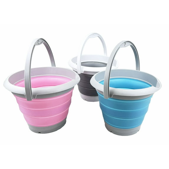 SAMMART 5L (1.32 gallons) Collapsible Plastic Bucket - Foldable Round Tub - Portable Fishing Water Pail - Space Saving Outdoor Waterpot (Grey + Bright Blue + Pink