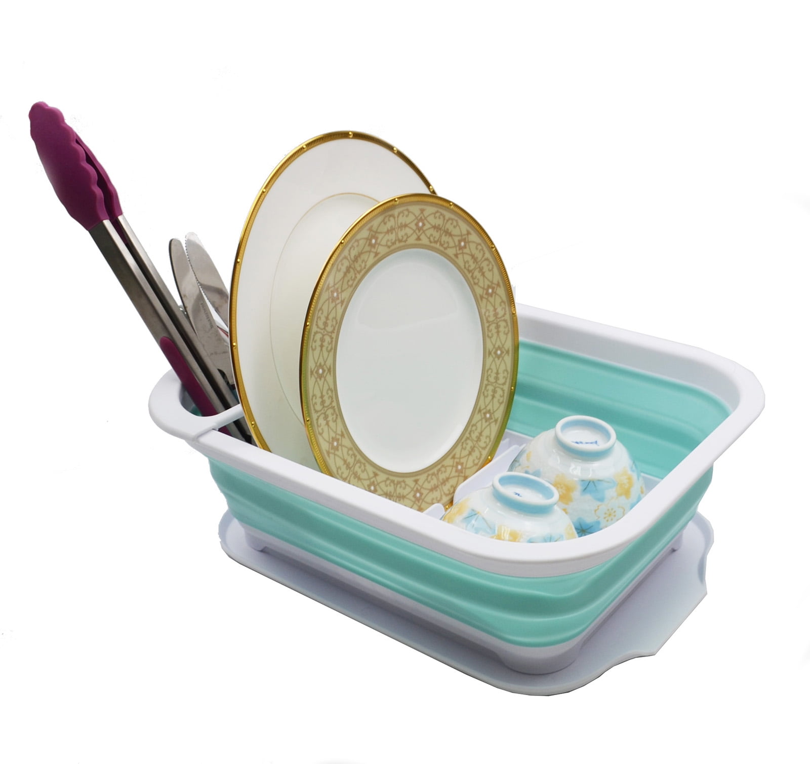SAMMART 7.5L (2 gallons) Collapsible Dish Drainer with Drainer Board - Foldable Drying Rack Set - Portable Dinnerware Organizer - Space Saving Kitchen Storage Tray