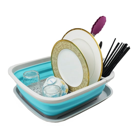 SAMMART 8L (2.11Gallons) Collapsible Dish Drainer with Drainer Board - Foldable Drying Rack Set - Portable Dinnerware Organizer - Space Saving Kitchen Storage Tray