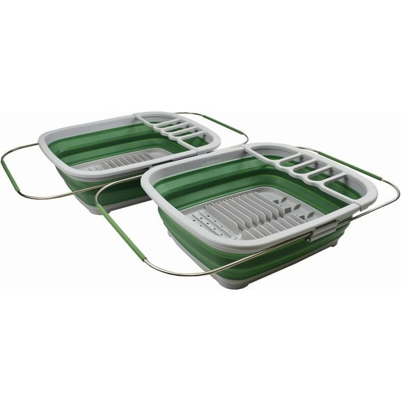SAMMART 8L (2.11Gallons) Expandable Collapsible Dish Drainer - Foldable Drying Rack - Portable Dinnerware Organizer - Space Saving Kitchen Storage Tray (Grey/Dark Sea Green (Set of 2))