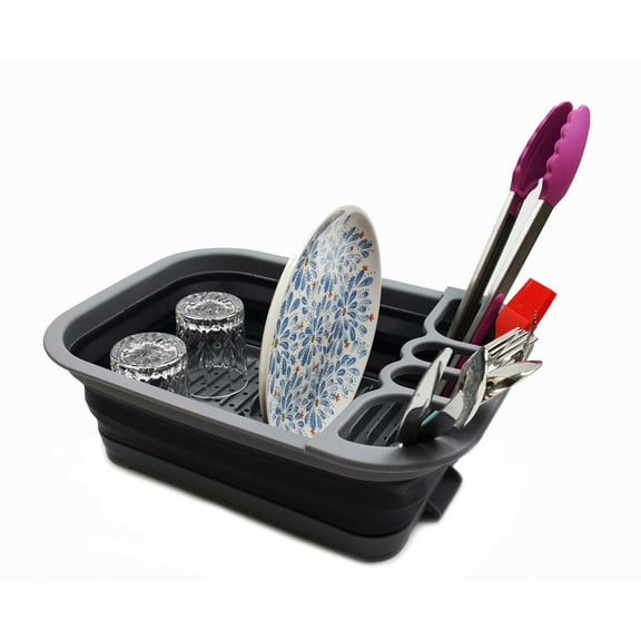 SAMMART Collapsible Dish Drainer with Drainer Board - Foldable Drying Rack Set - Portable Dinnerware Organizer - Space Saving Kitchen Storage Tray