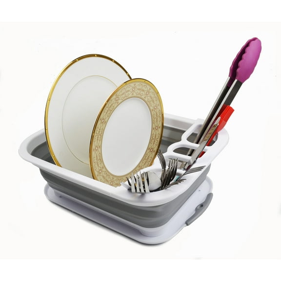 SAMMART Collapsible Dish Drainer with Drainer Board - Foldable Drying Rack Set - Portable Dinnerware Organizer - Space Saving Kitchen Storage Tray