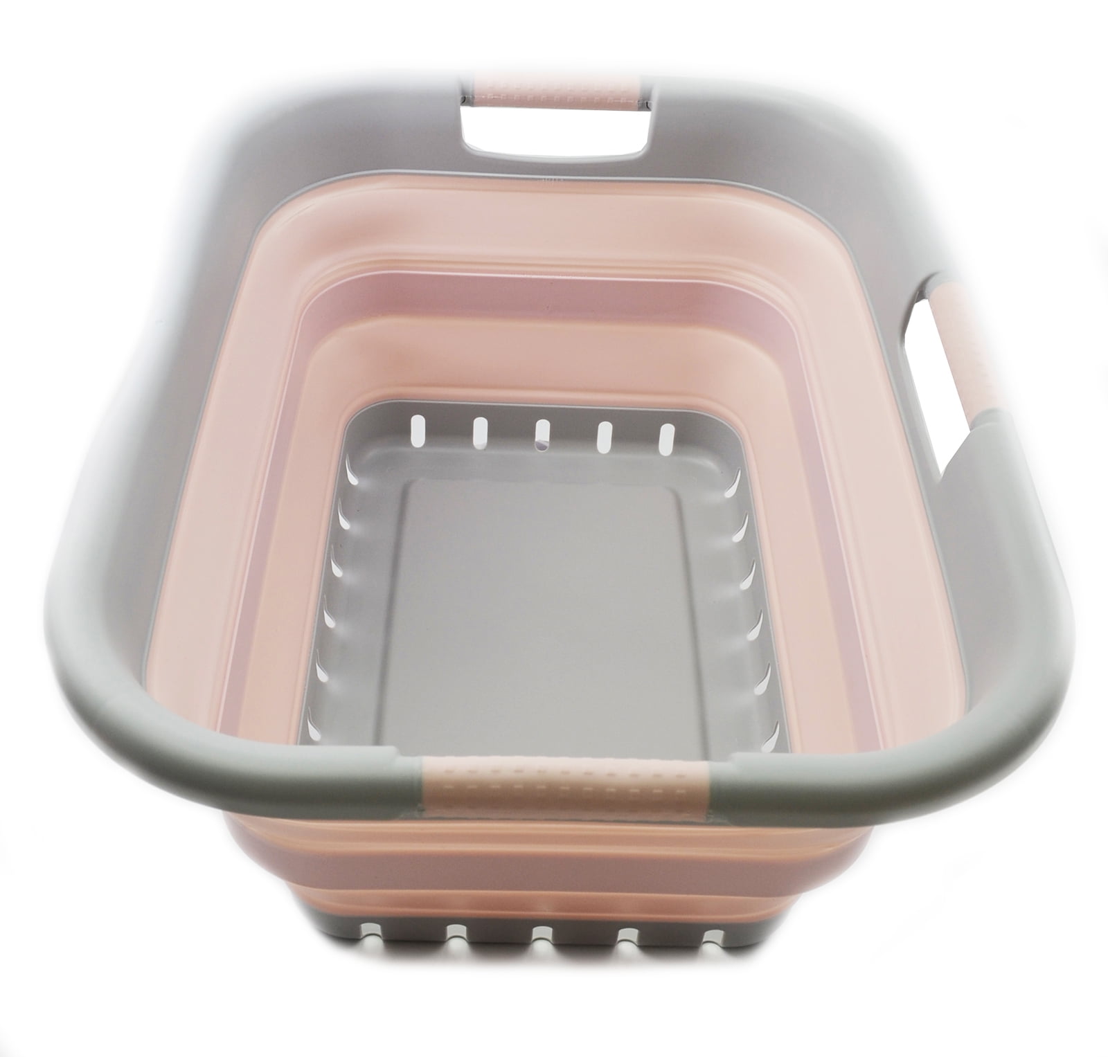 Gray and Pink Collapsible Plastic Laundry Basket with Handles
