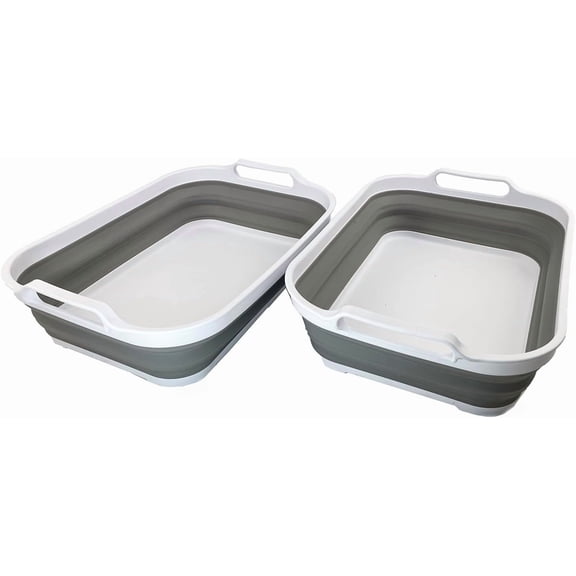 SAMMART Collapsible Tub - Foldable Dish Tub - Portable Washing Basin - Space Saving Plastic Washtub (Size L, White/Grey (Set of 2))
