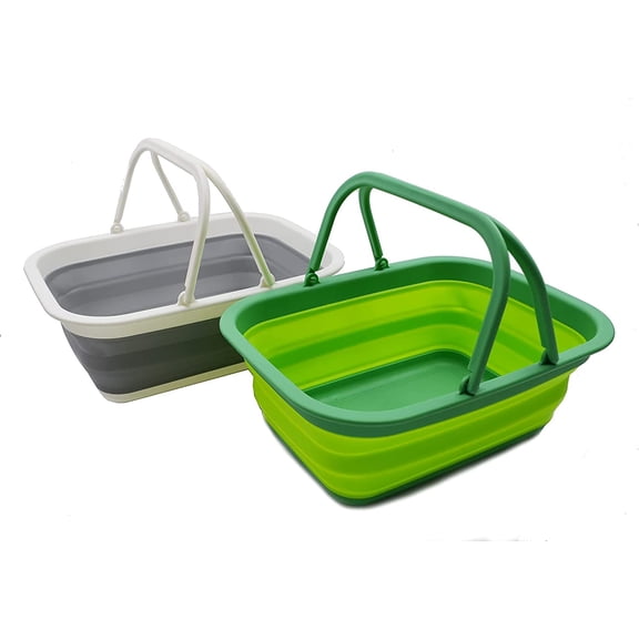 SAMMART Collapsible Tub with Handle 9.2L (2.37Gallon) - Portable Outdoor Picnic Basket - Foldable Basin for Washing Dishes,Camping,Hiking (2, Grey & Fluorescent Green)
