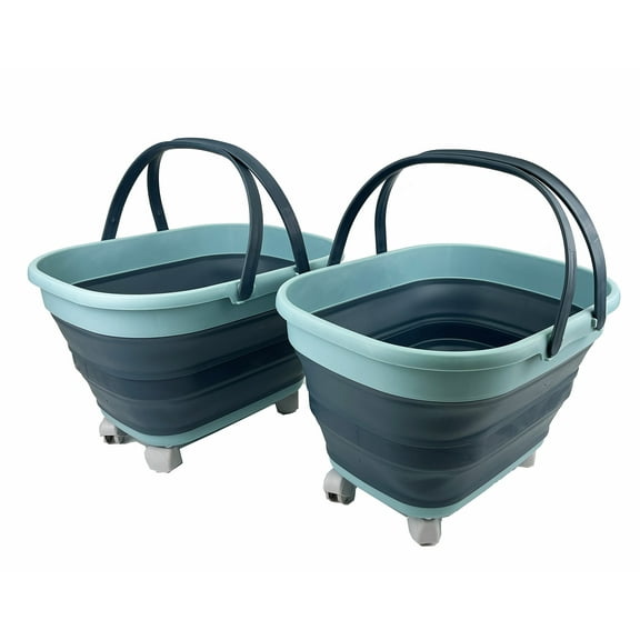 SAMMART Set of 2 17L (4.5 Gallon) Collapsible Basket with Handle-Portable Outdoor Picnic Basket/Crate with 360˚ rotating Wheels-Foldable Space Saving Storage Container