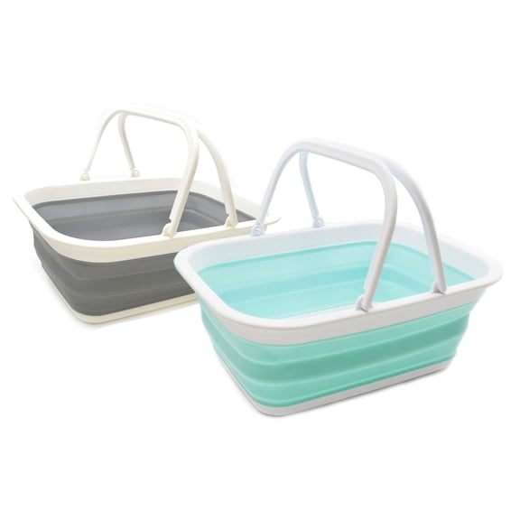 SAMMART Set of 2 9.2L (2.37Gallon) Collapsible Tub with Handle - Portable Outdoor Picnic Basket/Crater - Foldable Shopping Bag - Space Saving Storage Container