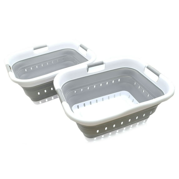 SAMMART Set of 2 Collapsible 3 Handled Plastic Laundry Basket - Foldable Pop Up Storage Container/Organizer - Portable Washing Tub - Space Saving Hamper/Basket