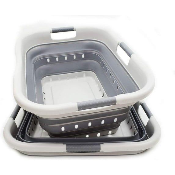 SAMMART Set of 2 Collapsible 3 Handled Plastic Laundry Basket - Foldable Pop Up Storage Container/Organizer - Portable Washing Tub - Space Saving Hamper/Basket