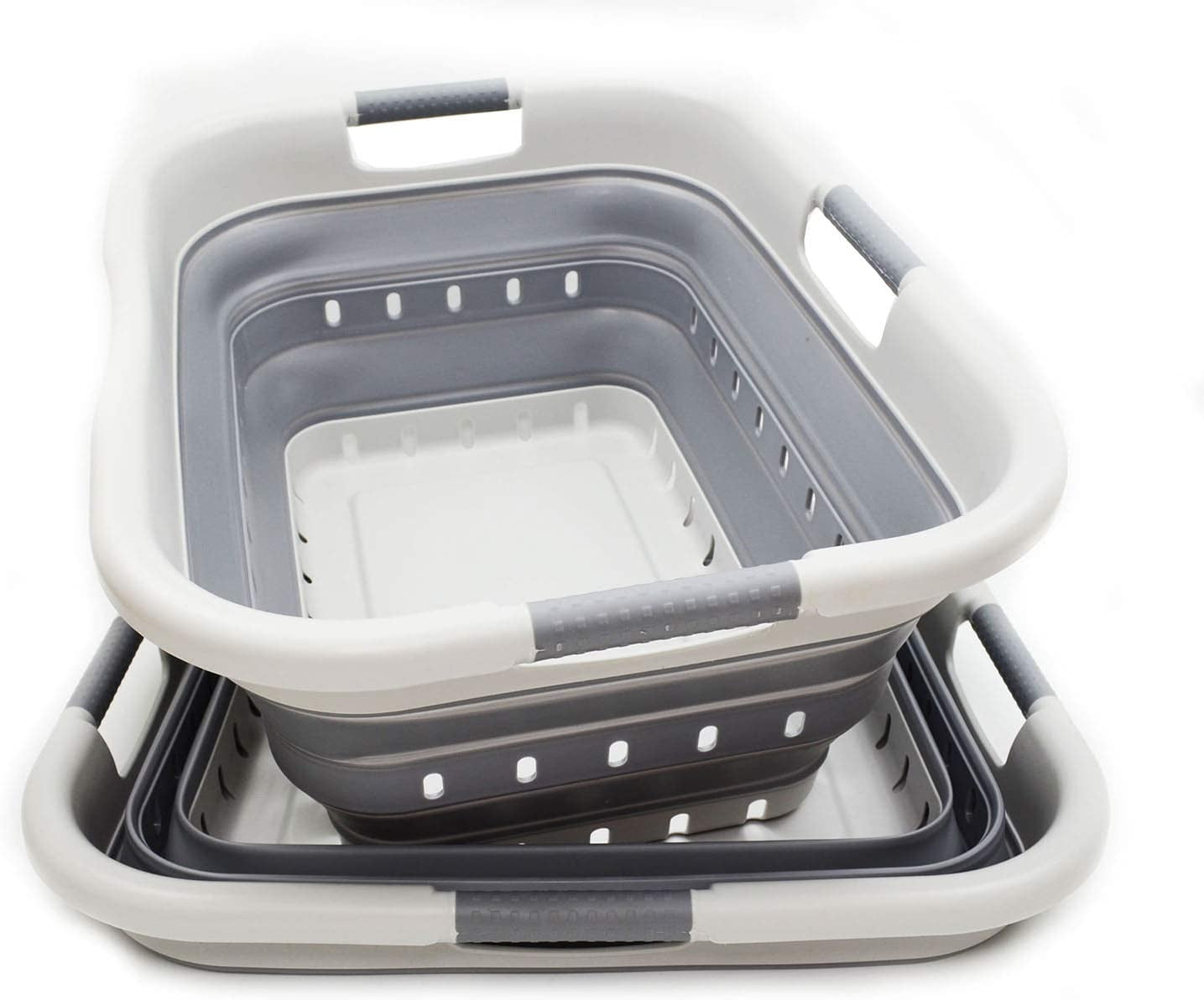 Gray Collapsible Plastic Laundry Basket Set with Handles