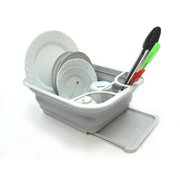 SAMMART Set of 2 Collapsible Dish Drainer with Drainer Board - Foldable Drying Rack Set - Portable Dinnerware Organizer - Space Saving Kitchen Storage Tray