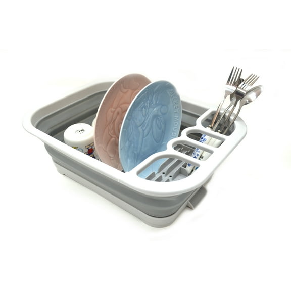 SAMMART Set of 2 Collapsible Dish Drainer with Drainer Board - Foldable Drying Rack Set - Portable Dinnerware Organizer - Space Saving Kitchen Storage Tray