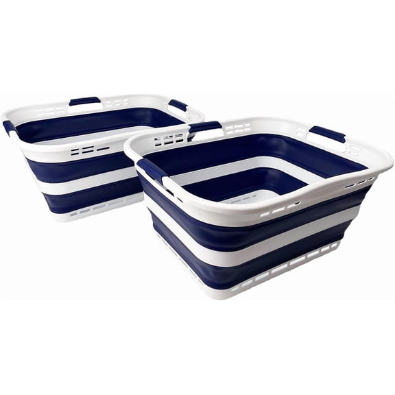 SAMMART Set of 2 Collapsible Plastic Storage Basket - Foldable Pop Up Container Portable Laundry Organizer Space Saving Hamper (White/Starry Blue, 42L (Style A))