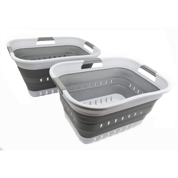 SAMMART Set of 2 - 30L (8 gallon) Collapsible Plastic Laundry Basket - Foldable Pop Up Storage Container / Organizer - Space Saving Hamper / Basket