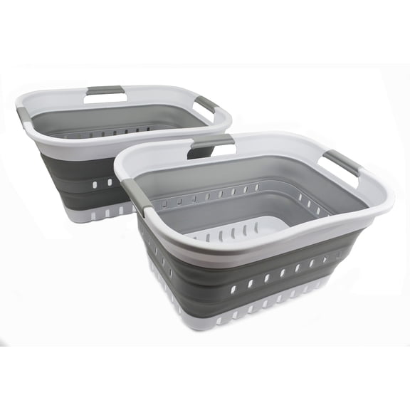 SAMMART Set of 2 - 30L (8 gallon) Collapsible Plastic Laundry Basket - Foldable Pop Up Storage Container / Organizer - Space Saving Hamper / Basket