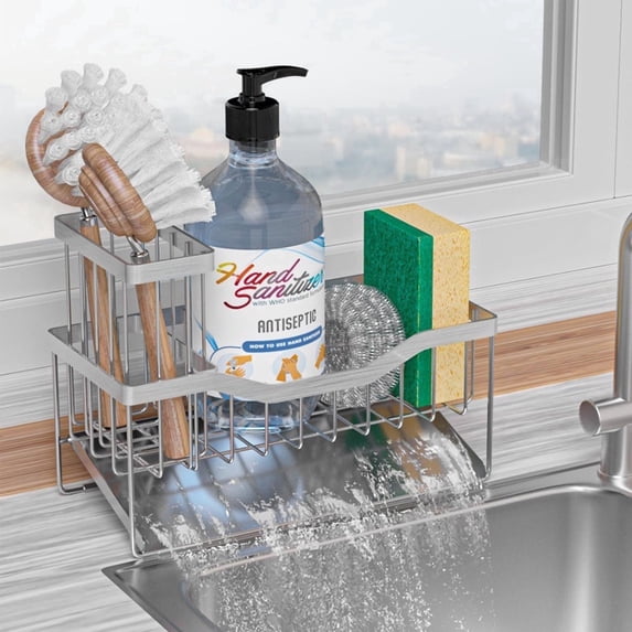 SAMODRA Black Sponge Holder for Kitchen Sink, Sink Caddy Organizer with High Brush Holder, Kitchen Sink Organizer for Sponge, Rustproof 304 Stainless Steel, Soap Dispenser Organize
