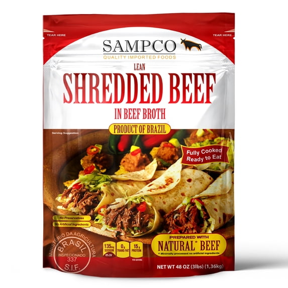 SAMPCO Shredded Beef in Beef Broth, Shelf Stable Pouch, 3Lbs (Case of 8)