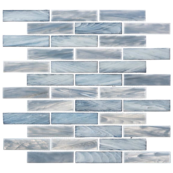 SAMPLE-Dorian Ecru Blue 1-in. x 4-in. Beveled Brick Joint Satin Glass Mosaic Wall and Floor Tile