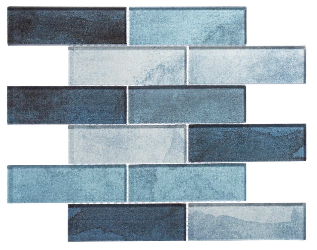 SAMPLE-Migdal Sky Blue 2-in. x 6-in. Brick Joint Wood Look Glossy Glass Mosaic Wall and Floor Tile