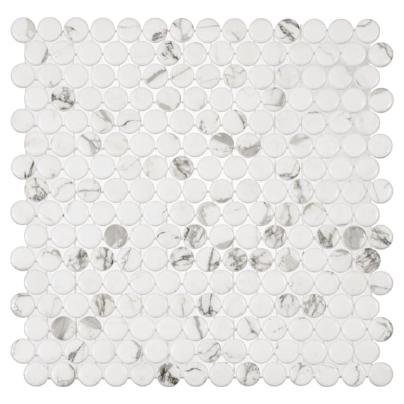 SAMPLE-Muse 11-in. x 11-in Penny Round Marble Look Matt Glass Wall & Floor Mosaic Tile