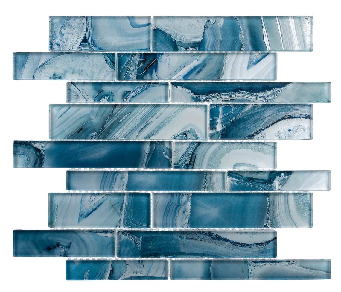 SAMPLE-Myst Capri Blue Brick Joint Marble Look Polished Glass Mosaic Wall Tile