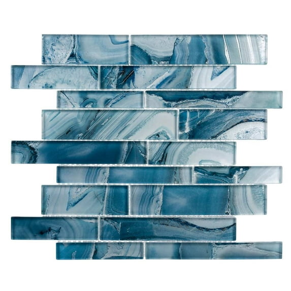 SAMPLE-Myst Capri Blue Brick Joint Marble Look Polished Glass Mosaic Wall Tile