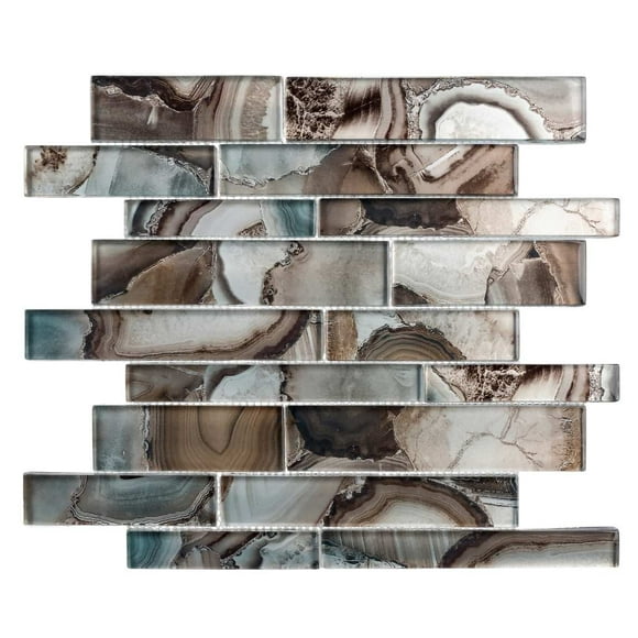 SAMPLE-Myst Lake Blue Brick Joint Marble Look Polished Glass Mosaic Wall Tile