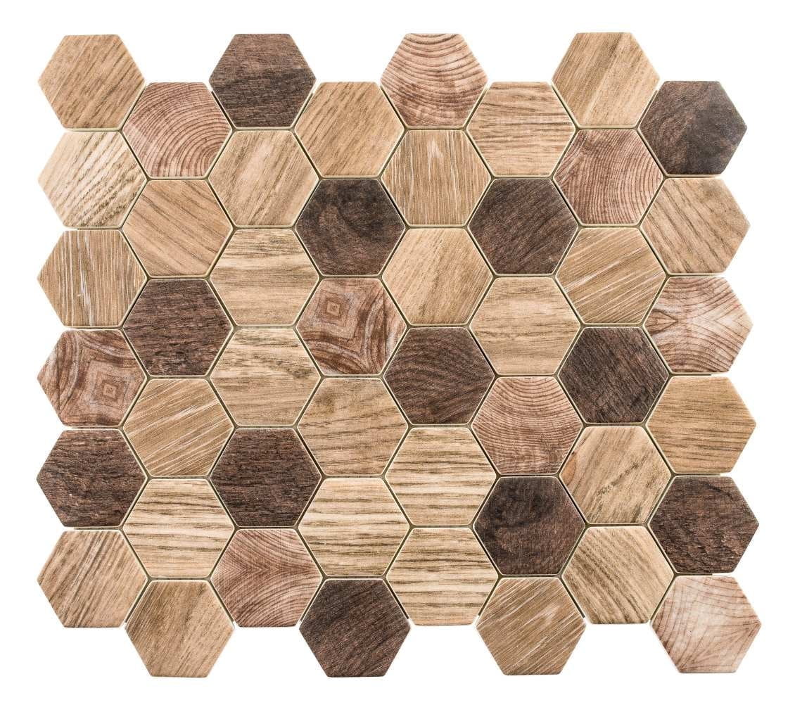 SAMPLE-Terrain Walnut Brown 2-in. Honeycomb Wood Look Matte Glass Mosaic Wall & Floor Tile