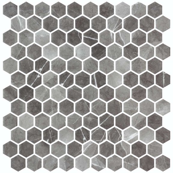 SAMPLE-Trillions Fossil Gray Honeycomb Stone Look Matte Glass Mosaic Wall and Floor Tile