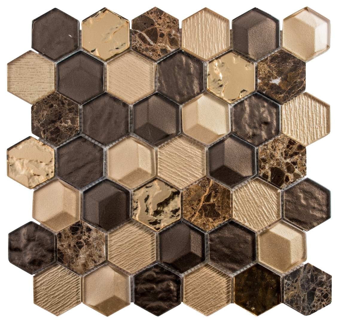 Spirit Tan and Brown Polished Glass Honeycomb Mosaic Tile