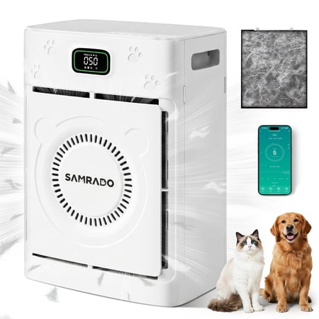 SAMRADO Smart Pet Air Purifier for Large Room up to 2500 Sq Ft, WiFi App Control True HEPA Air Cleaner for Hair, Dander & Odor Removal (White)