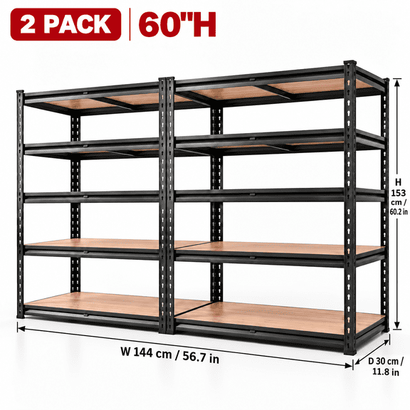 SAMRELAX Adult Garage Adjustable 5-Tiers Metal Storage Shelves Dimensions:56"W x 12"D x 60"H, Total Capacity 2000 lb, Shelf Capacity 400 lb, Black, 2 Pack