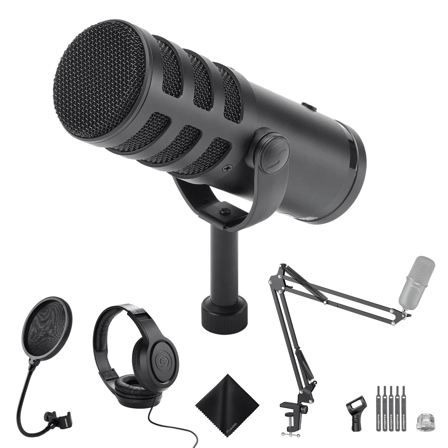 SAMSON Q9U XLR/USB Dynamic Broadcast Microphone with Accessories - PS04 Gooseneck Microphone Pop Filter, SR350 Over-Ear Stereo Headphone, Boom Arm Microphone Mic Stand, and Cleaning Cloth - Bundle