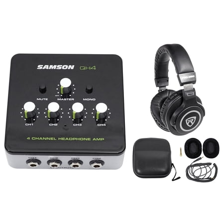 SAMSON QH4 4-Ch Stereo DJ Monitoring Headphone Amplifier Amp+Studio Headphones