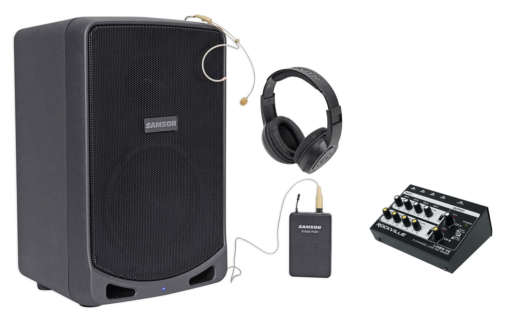 SAMSON XP106WDE 6" Rechargeable Bluetooth PA DJ Speaker+Headset+Mixer+Headphones