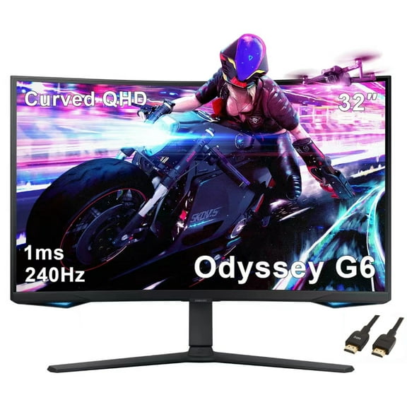 SAMSUNG 32" Odyssey G65B Series 1000R Curved Gaming Monitor,QHD 2560 x 1440p, 240Hz, 1ms, Swivel & Tilt Adjustable Stand, Smart TV Apps, Gaming Hub, Black, with 5AVE HDMI Cable