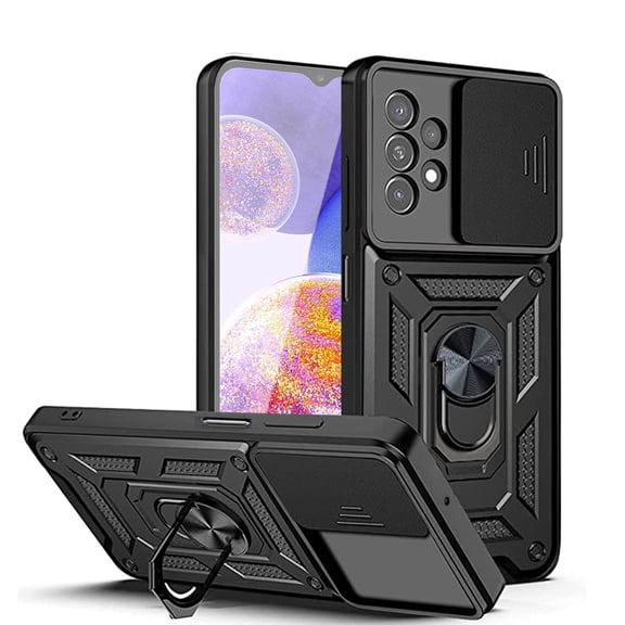 For SAMSUNG GALAXY A23 Phone Cases, Hybrid Armor Kickstand Ring Holder with Slide Camera Cover TPU Fit Magnetic Car Mount Stand Phone Case for SAMSUNG GALAXY A23 In Black