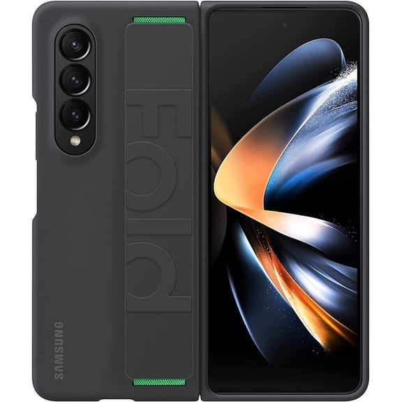 Open Box SAMSUNG Galaxy Z Fold4 Silicone Grip Cover, Protective Phone Case with Finger Strap, Matte Finish, Soft Surface, Handheld Design, US Version, Black