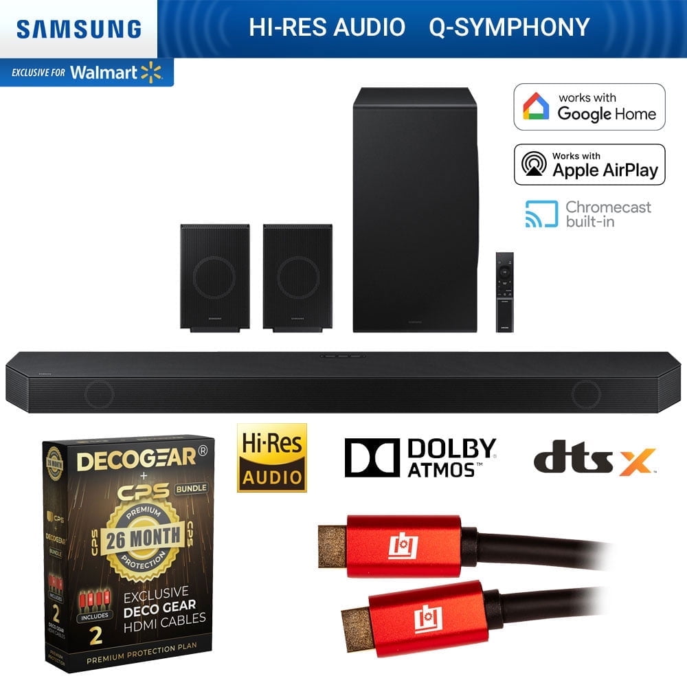 SAMSUNG Q990D 11.1.4ch Soundbar w/ Rear Speaker, Dolby Atmos (2024 Model) Bundle w/ 2x 4K HDMI 2.0 Cable & Deco Gear CPS Exclusive 26 Month Protection